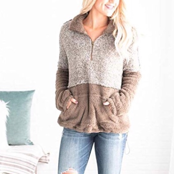 Brown contrast fleece sweater,All Products : American Fashion Style Bags On Sale